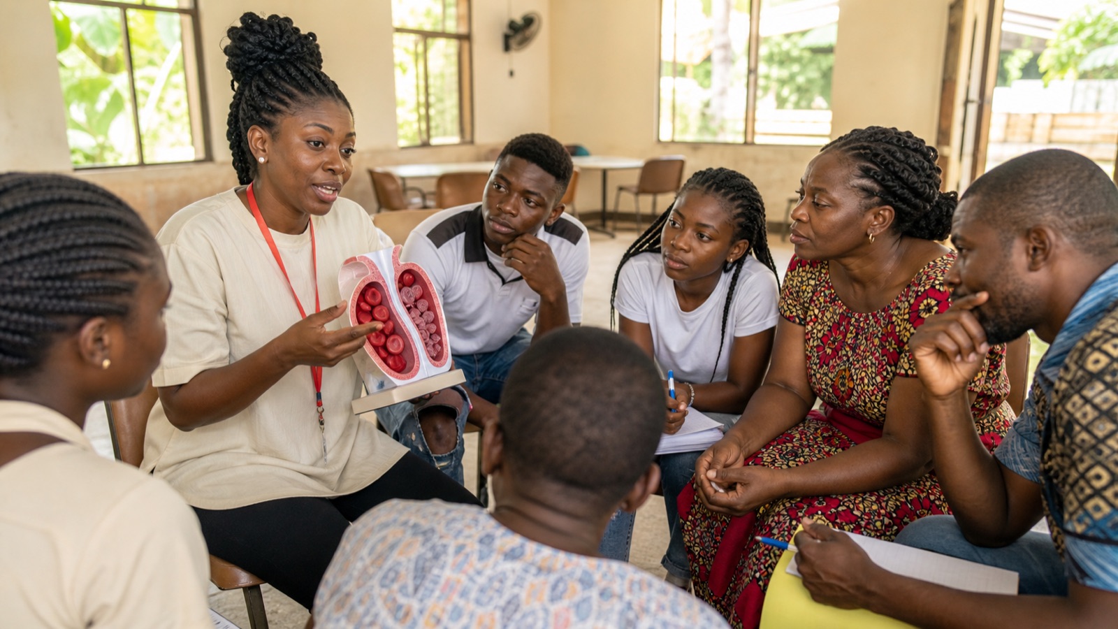 Educadora de KPV impartiendo una formación participativa sobre anemia falciforme en Guinea Ecuatorial