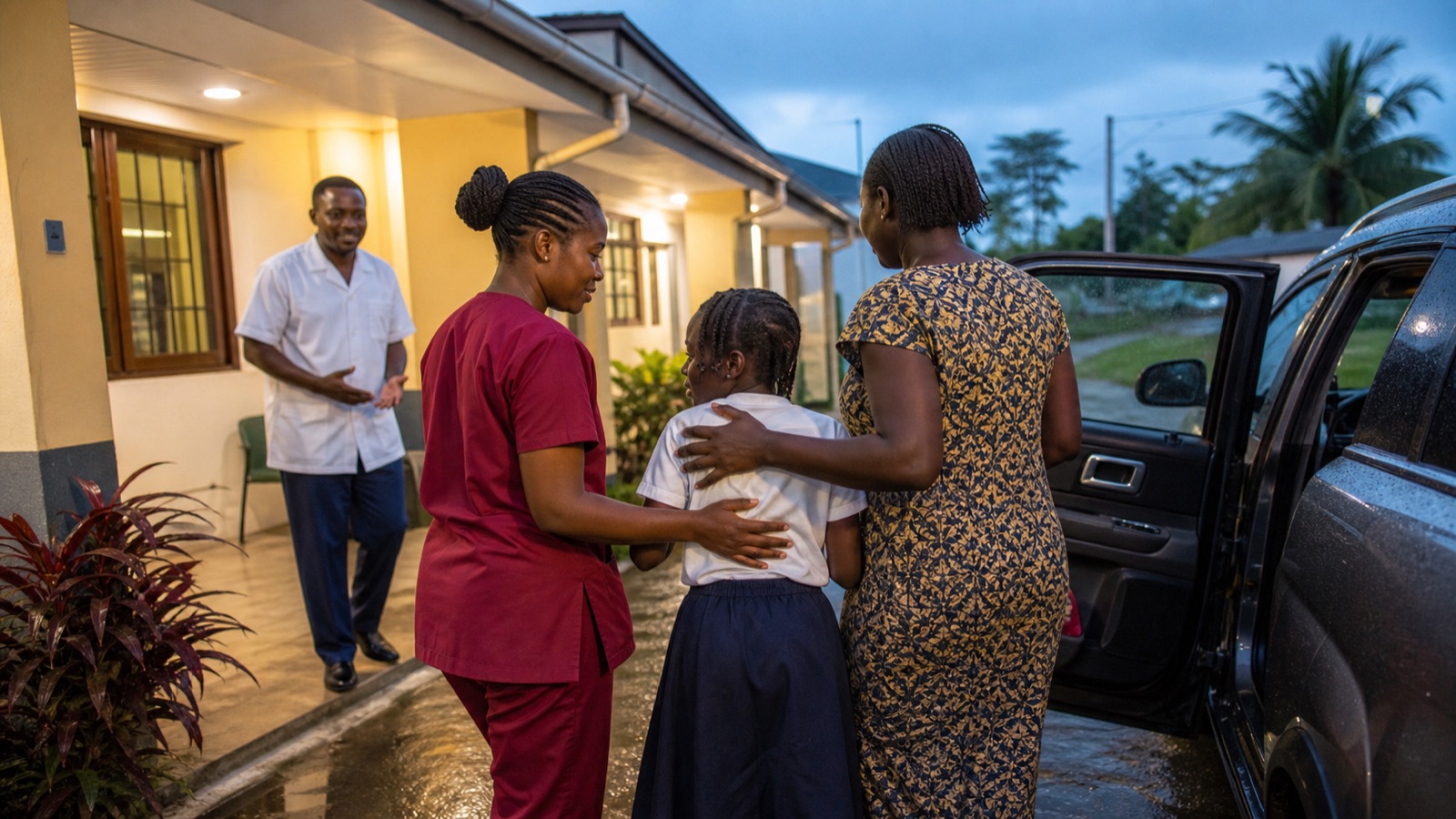Equipo sanitario acompañando a una familia durante un traslado médico urgente en Guinea Ecuatorial