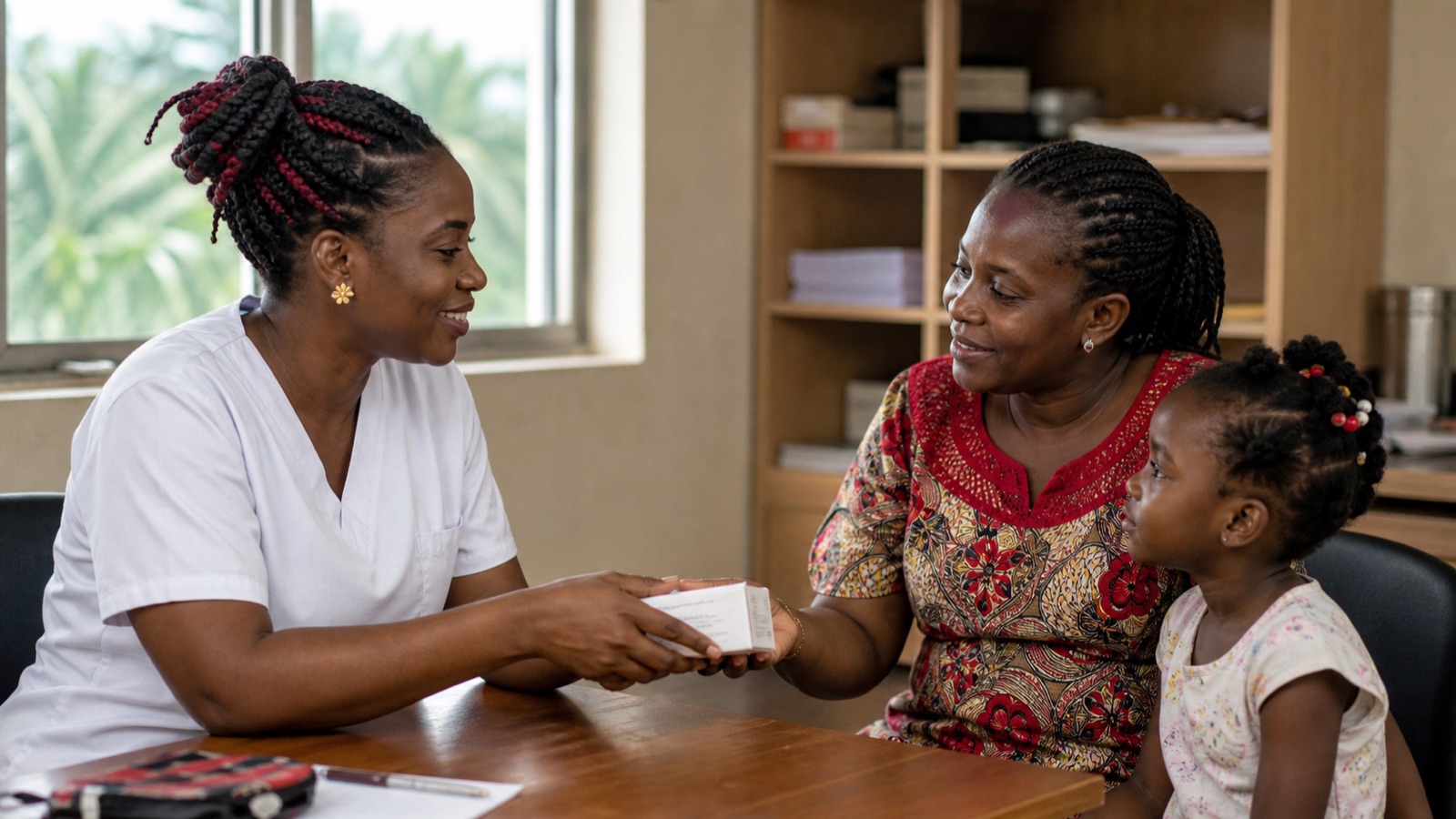Profesional sanitaria acompañando a una madre y su hija en Guinea Ecuatorial